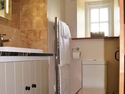 a bathroom with a toilet and a sink at Crofthead in Hesket Newmarket