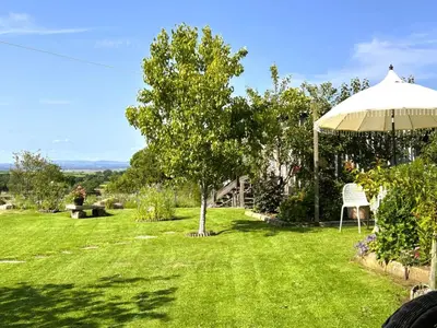 a lawn with a tree and an umbrella at 3 Bed in Kirkbampton oc-l32005 in Burgh by Sands