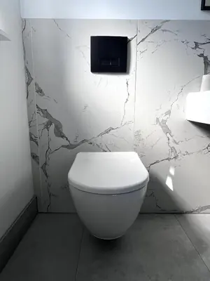 a white toilet in a bathroom with a wall at Tranquil Countryside Escape in Moffat