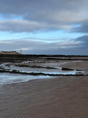 a sandy beach with a lighthouse in the distance at Paws A While in Mainsriddle