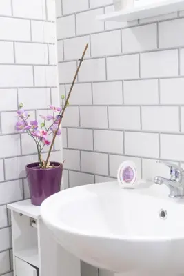 a white bathroom with a sink and a purple vase with flowers at Newton Flat in Carlisle