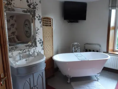 a bathroom with a tub and a sink and a mirror at Midtown Farm Bed & Breakfast in Easton