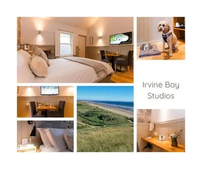 a collage of pictures of a hotel room with a dog at Irvine Bay in Irvine