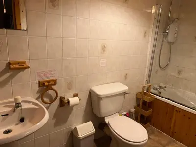 a bathroom with a toilet and a sink and a shower at Pond Cottage in Covington