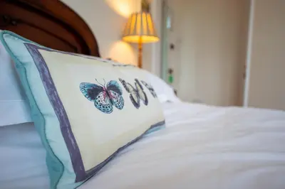 a pillow with butterflies on it sitting on a bed at The Mount self-catering in Portinscale