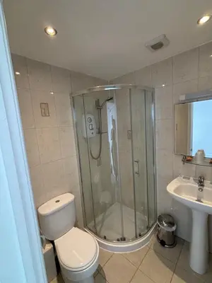 a bathroom with a shower and a toilet and a sink at Solway Lodge Hotel in Gretna Green