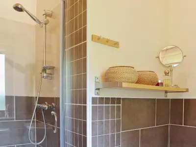 a bathroom with a shower and a mirror on a shelf at Rowanburn Lodge in Ellonby