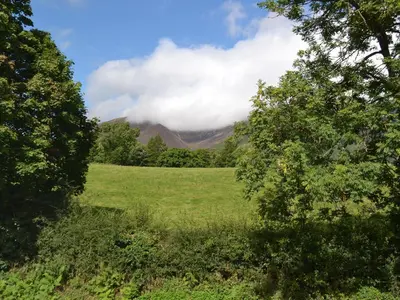 a field with trees and mountains in the distance at Briar Rigg in Keswick