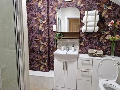 a bathroom with a toilet and a sink and a mirror at Warwick Lodge in Carlisle