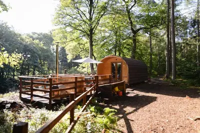 a wooden cabin with an umbrella and a fence at Broomhills Farm River Eco Pods in Carlisle