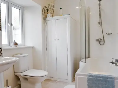 a bathroom with a toilet and a shower and a sink at Cat Bells in Keswick