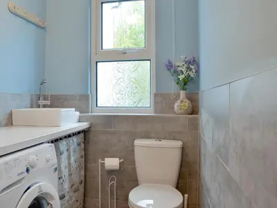 a bathroom with a toilet and a sink and a window at Hawthorne House in Bassenthwaite Lake