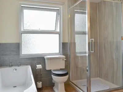 a bathroom with a toilet and a shower and a window at Hawthorne House in Bassenthwaite Lake