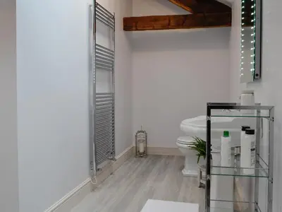 a bathroom with a toilet and a glass shelf at The Wheat Shed in Calthwaite
