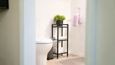 a bathroom with a toilet and a shelf with a plant at Braidmead House in Irvine