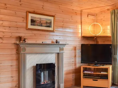 a living room with a fireplace and a tv at Whinny Brow - Burnside Park in Keswick