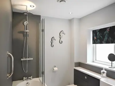 a bathroom with a shower and a toilet and a sink at Millie's Cottage in Keswick