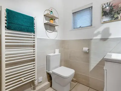 a bathroom with a toilet and a sink at Chaucer Lodge Apt 1 in Keswick