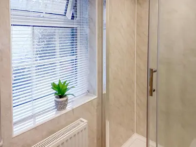 a bathroom with a shower and a plant in a window at 1 Tower Cottage in Portinscale