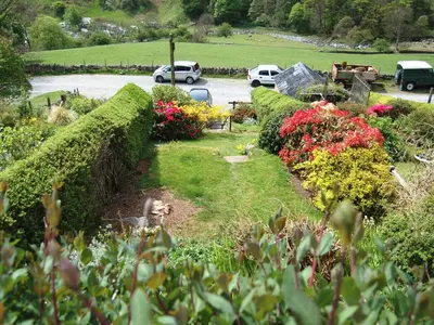 a row of hedges in a garden with flowers at 3 Highrake in Glenridding