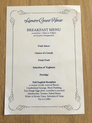 a menu for the breakfast menu at Lismore Guest House in Whitehaven