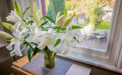 a vase of white flowers sitting on a window sill at The Garden Apartment in Keswick