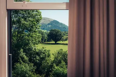 a window with a view of a field and trees at The Ruddings in Keswick