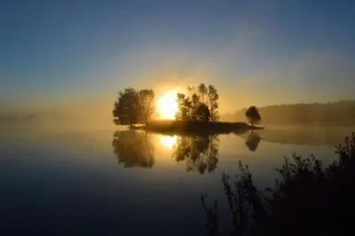a misty lake with trees and the sun in the background at Bakers Cottage in Cockermouth