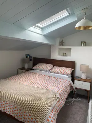 a bedroom with two twin beds and a skylight at Rivendell Cottage in Douglas