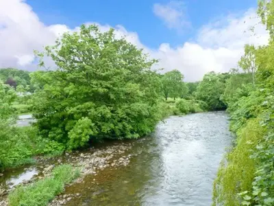 a river with trees on the side of it at Chimney Gill in Sebergham