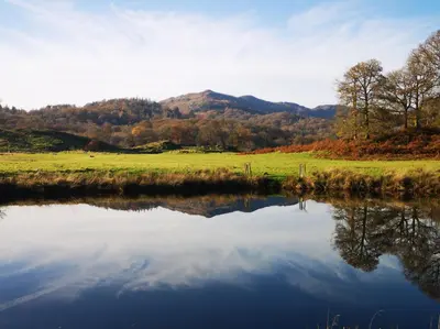 a view of a lake with trees in the background at High Kiln Bank Cottage in Ulpha