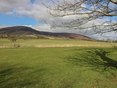 a field of green grass with a mountain in the background at Sweetpea Cottage in Wiston
