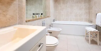 a bathroom with a tub and a toilet and a sink at Heads Nook Hall Cottage in Carlisle