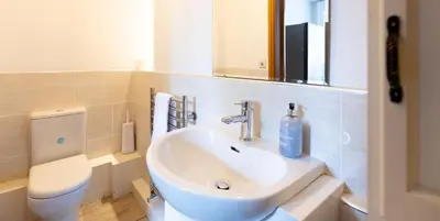 a bathroom with a sink and a toilet at Heads Nook Hall Cottage in Carlisle