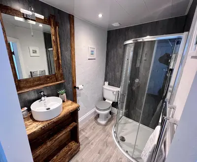 a bathroom with a sink and a shower and a toilet at Troutbeck Inn in Troutbeck