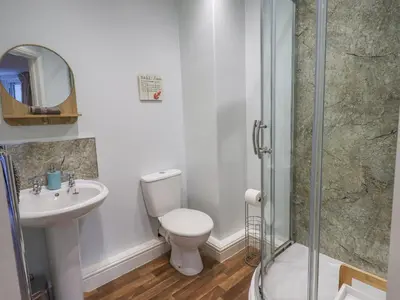 a bathroom with a toilet and a sink and a shower at Greta Mill in Keswick