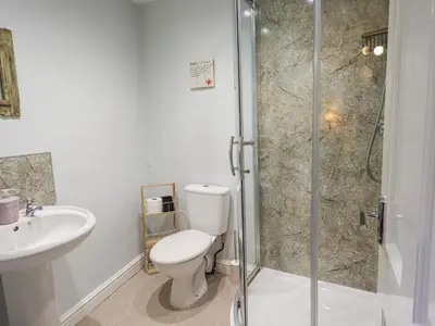 a bathroom with a toilet and a sink and a shower at Greta Mill in Keswick