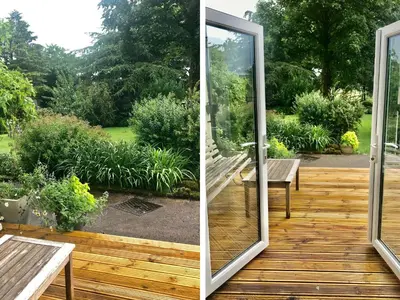 two views of a deck with a sliding glass door at Low Garth Cottage in Penruddock