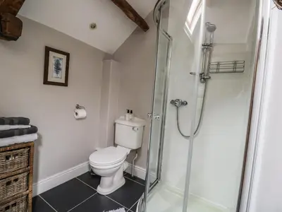 a bathroom with a toilet and a shower at Stockwell Hall Cottage in Sebergham