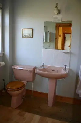 a bathroom with a pink sink and a toilet at Garden Cottage in Prestwick