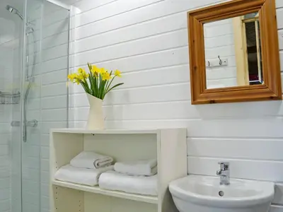 a bathroom with a sink and a toilet and a mirror at Kestrel Cabin - Uk1246 in Westward