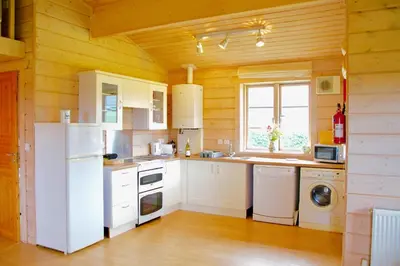 a kitchen with white appliances and a wooden wall at Lapwing, Skylark & Curlew Seaside Chalets in Kirkbean