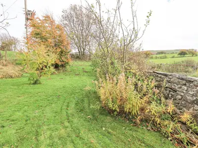 a field with a stone wall and some bushes at Tithe Cottage in Cockermouth