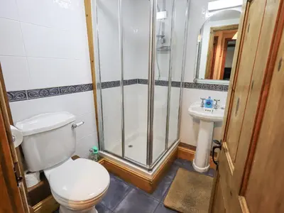 a bathroom with a shower and a toilet and a sink at The Byre in Cockermouth