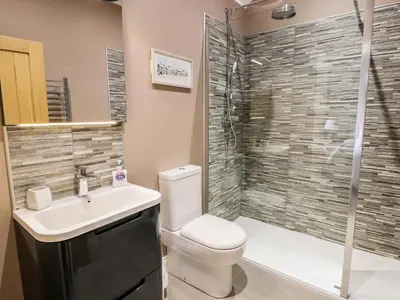 a bathroom with a toilet and a sink and a shower at Longforth Farm Cottage in Gillespie