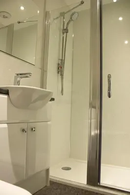 a bathroom with a sink and a shower at The Birchtree Hotel in Dalbeattie