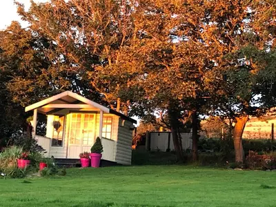 a small white shed in a yard with a tree at The Stables @ The Forge Cronk Y Voddy in Saint Johns