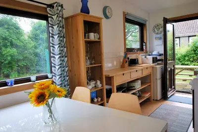 a kitchen with a table with a vase of flowers at 4 Laigh Isle in Isle of Whithorn