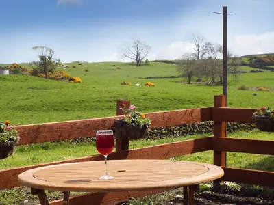 a wooden table with a glass of wine on a field at The Bothy - Uk5803 in Girthon