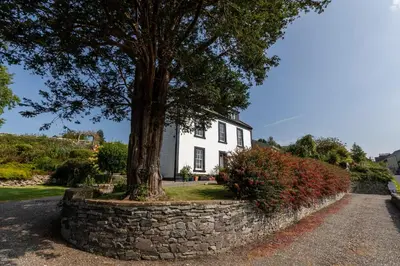 a tree in a stone wall in front of a white house at Craigmount in Wigtown